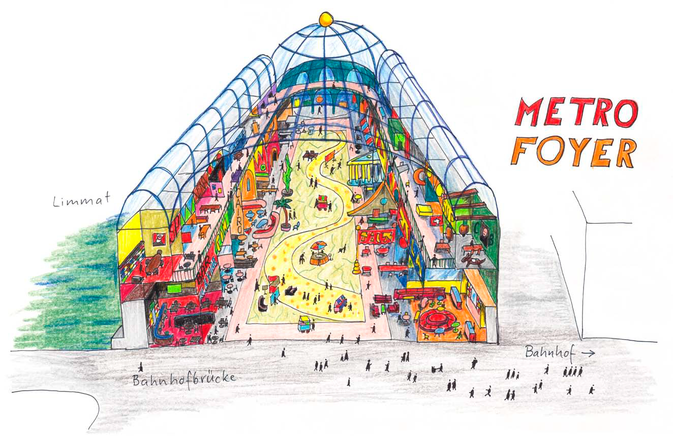Skizze eines Metro-Foyers für Zürich, auf dem Areal des Globus-Provisoriums: Inder Halle des Erdgeschosses befinden sich Bars und Restaurants von Partnerstädten aus aller Welt, die zugleich als Informationszentren dienen. Weiter hinten ist die Empfangslobby der Stadt Zürich. Im oberen Geschoss gibt es Räume für Parteien, NGOs, ein Stadtlabor, Sitzungszimmer und ein grosses Panoramarestaurant mit günstigen Preisen und einer gehobenen Gourmetabteilung.